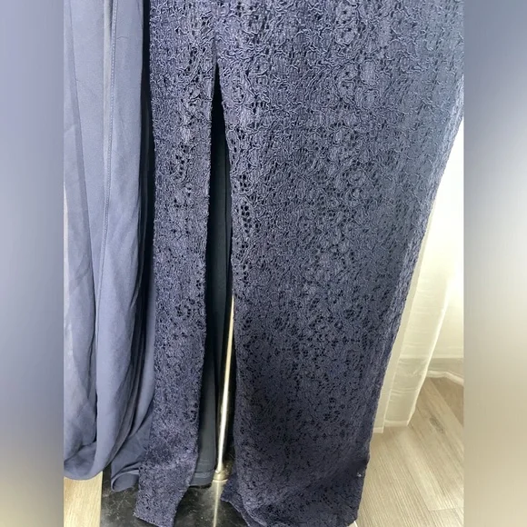 Adrianna Papell Navy Cape-Sleeved Evening Lace Gown One Shoulder Dress Size 6 - Picture 7 of 13